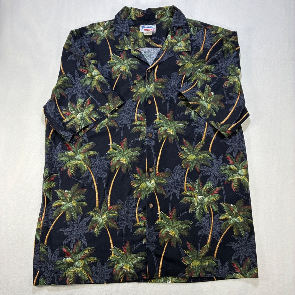 VTG Hawaii Palm Tree Aloha Shirt Mens 2XL Black Tropical Cotton Made in Hawaii